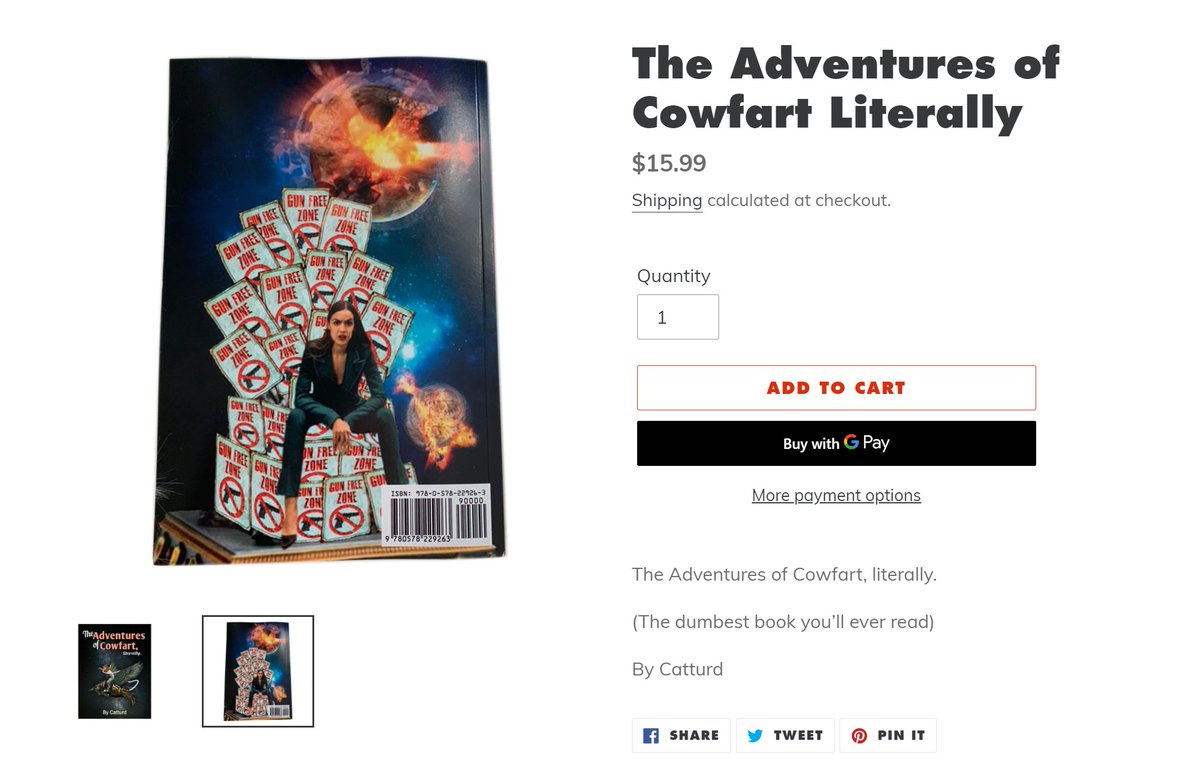 among the items you can find for sale on his website- "The Adventures Of Cowfart", which appear to be using conservative hysteria about AOC's Anti-Cow Stances and conservative repressed horniness about her to sell a book about cow farts- an official CatTurd-branded poop-scooper