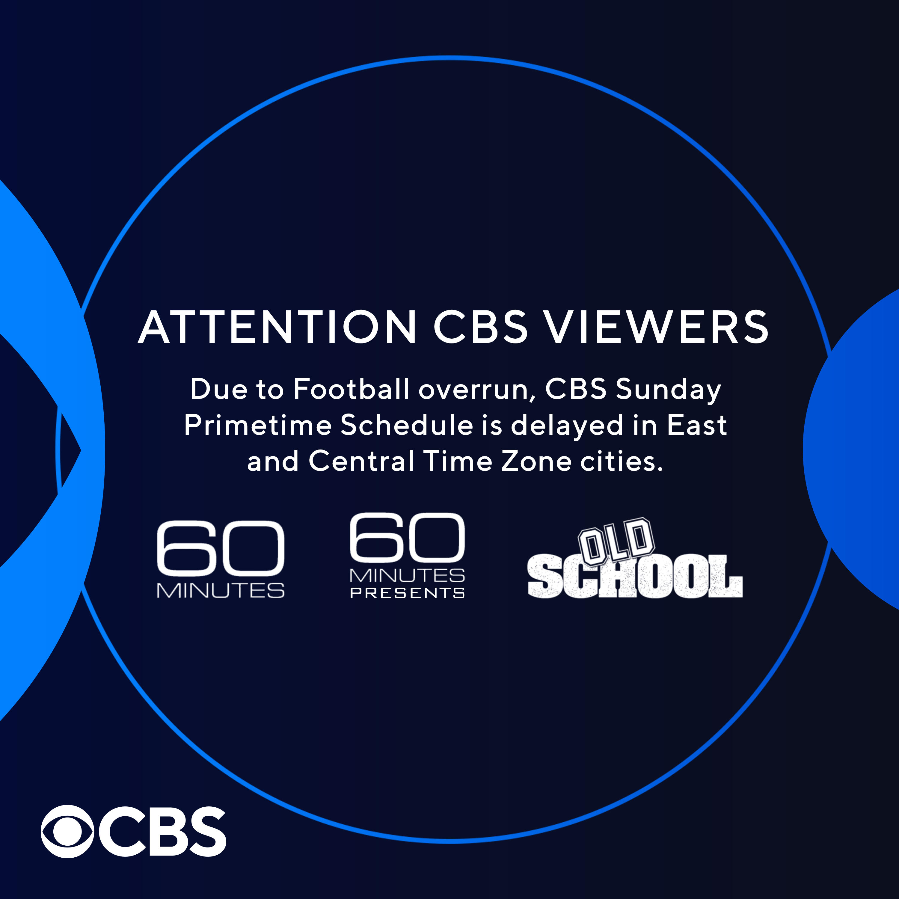 CBS on Twitter: "Due to #NFL football running long, new start times for #CBS Sunday night shows for Time Zone viewers ONLY. #60Minutes 7:42ET/6:42CT #60MinutesPresents 8:42ET/7:42CT #CBSMovieNight 9:42ET/8:42CT “Old School” ...