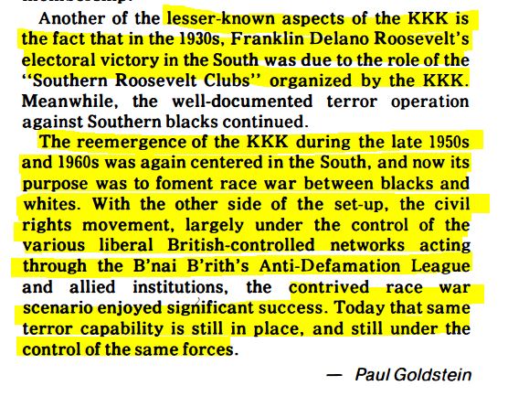 *post* The last paragraph reveals something I think all of us knew, that the Jews were behind FDR, specifically B'nai B'rth's (BB) KKK's Southern Roosevelt Clubs. While BB arm, the ADL, set-up "civil rights" movements, largely to orchestrate a civil war. M.O.=Control Both Sides