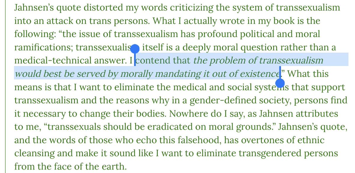 Nobody cares that Raymond wanted “to morally mandate” trans people “out of existence,” because people would generally prefer we didn’t exist. Nobody cares that that eliminationist impulse has become dominant, and now affects the way we talk about trans adults and children.