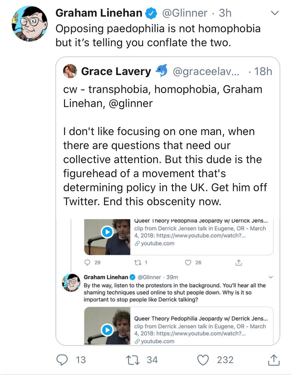 But nobody cares. The Guardian publishes endless editorials about limitations on free speech but nobody cares—at all—that a very famous man named Graham Linehan accused me of being a pedophile to his 200,000 followers.