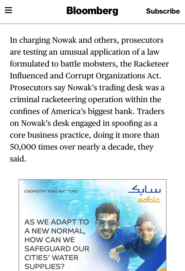 The JPM metals trading desk was treated as a criminal organization under the RICO (Racketeer Influenced and Corrupt Organization) Act, normally reserved for mafia and organized crime.The spoofing tactic was used more than 50,000(!!!!!) times over a decade