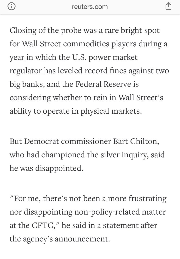 But it gets even better...David Meister, former head of Enforcement at the CFTC, the person responsible for catching and holding these types of activities to account, oversaw and ended the investigation into silver manipulation back in 2013.