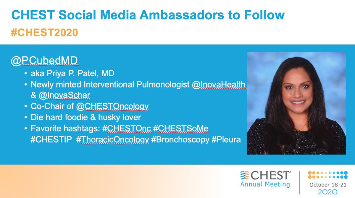 Excited to be a #CHESTSoMe Ambassador for #CHEST2020! Follow to get the latest and greatest of all things #CHESTOnc &amp; #CHESTIP! <a href="/CHESTOncology/">CHEST Thoracic Oncology & Chest Procedures</a> <a href="/accpchest/">CHEST</a>