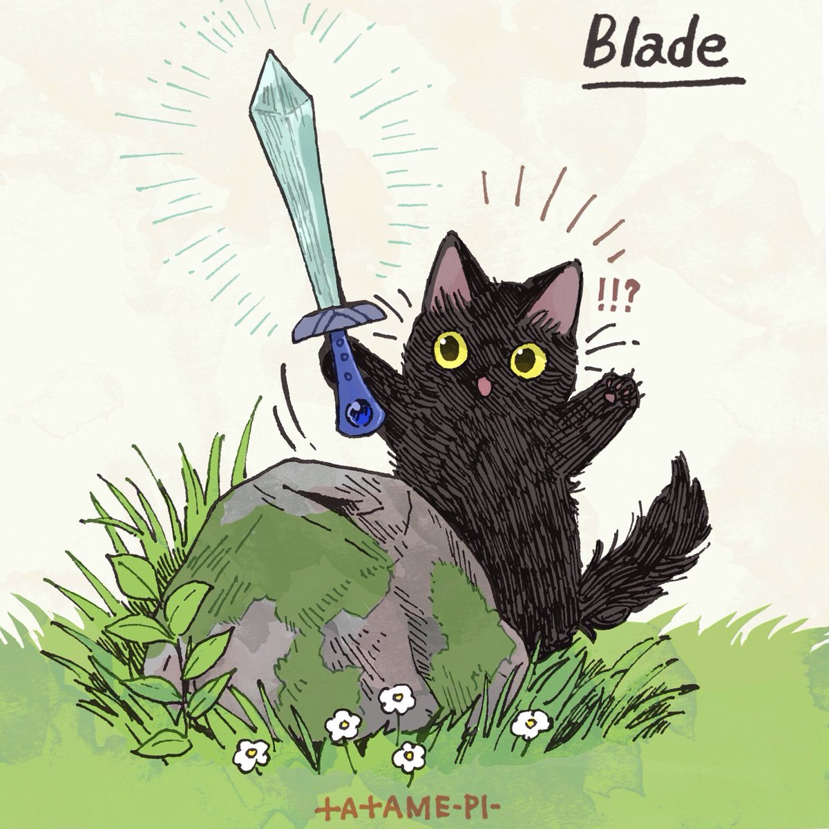 no humans cat black cat sword weapon rock holding sword  illustration images