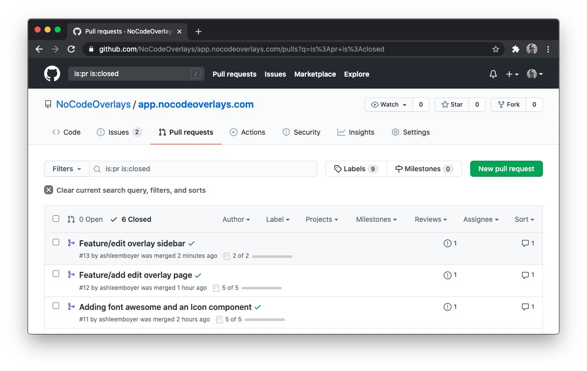 Day 25/100: Sunday, October 4thMerged 3 fairly quick PRs for  #NoCodeOverlays ( #WomenMakeChallenge). Added FontAwesome, a page for editing the overlay, and a sidebar component where configurable overlay options will live. Also hoping to finish my hat tonight! #100DaysOfProjects