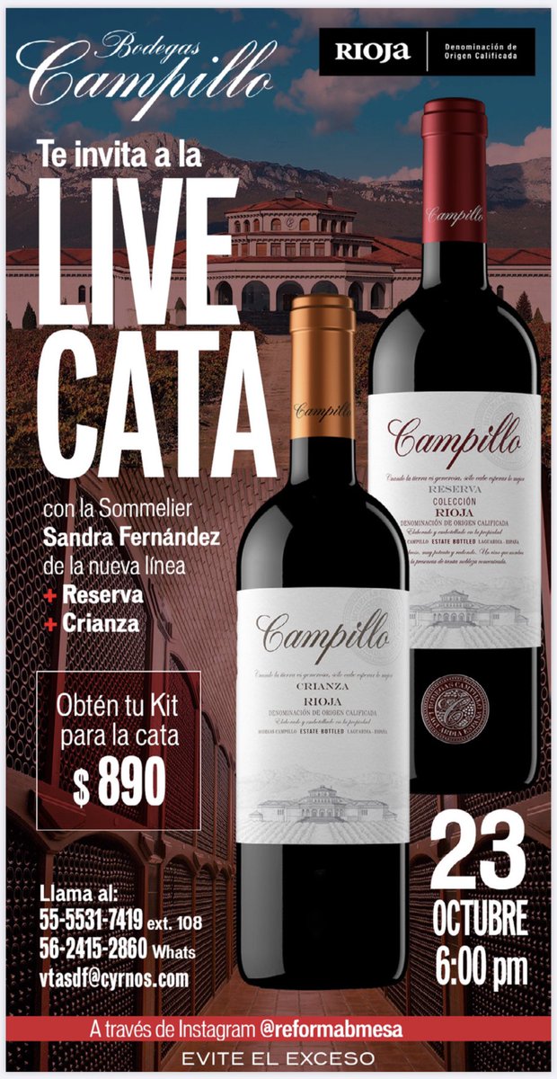 Aprovecha está gran oportunidad de catar la nueva línea de Bodegas Campillo de la mano de la reconocida sommelier <a href="/SandraVinos/">Sandra Fernández G</a> . 

23 de Octubre a las 6 PM, a través del Instagram de La Buena Mesa @reformabmesa

Compra tu kit directamente con nosotros en: wa.link/ua4d3g