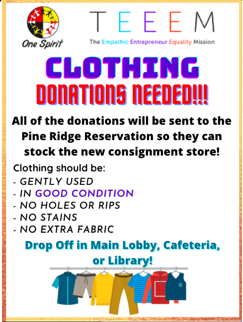 teeemlakota's tweet photo. We are going to be collecting clothing for the consignment shop at the Pine Ridge Reservation in South Dakota! Soon, donation boxes will be set up around the school. Please try to donate, as this will help the Pine Ridge Reservation tremendously. https://t.co/ID4FXNau0Y