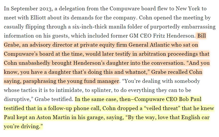 6\\People who have attended the meeting claimed that the Elliott executive went so far as to bring up family members of the Compuware board members. https://web.archive.org/web/20171210135503/https://fortune.com/2017/12/07/elliott-management-hedge-fund-paul-singer/