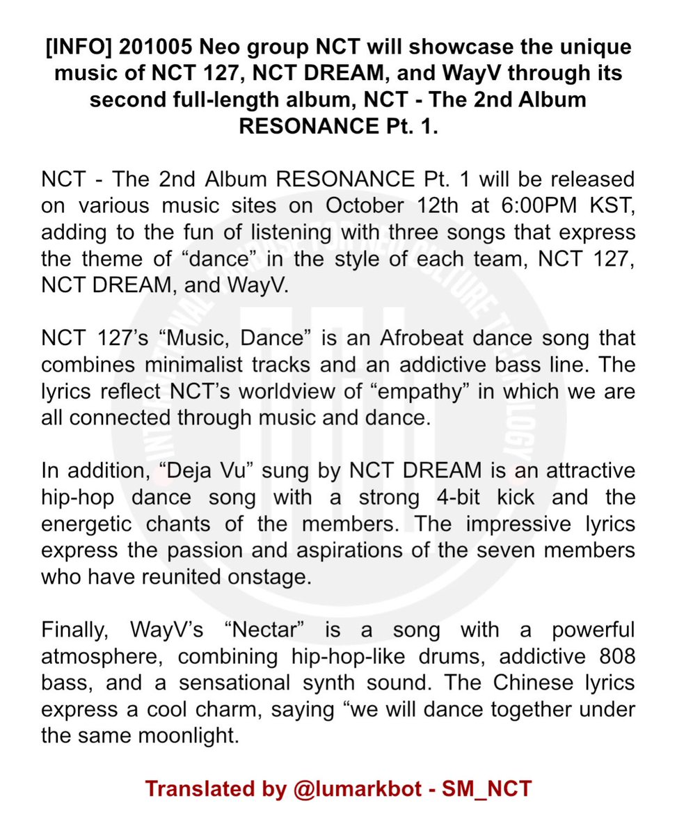 SM_NCT's tweet photo. [INFO] 201005 #NCT will showcase the unique music of #NCT127 with ‘Music, Dance’, #NCTDREAM with ‘Déja Vu’, and #WayV with ‘Nectar’ through its second full-length album, ‘NCT - The 2nd Album RESONANCE Pt. 1’.

Translated by @lumarkbot - SM_NCT
https://t.co/aDA18nAbxX https://t.co/7678IpbUND