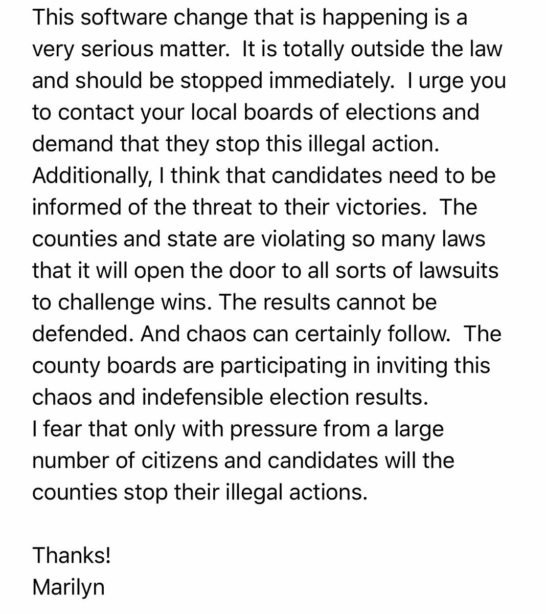 3.Georgians! WRITE to the state and your local election board.Marilyn Marks has given permission for us to use all or part of her email as well as Bruce Brown, Esq.’s letter. ALL GA counties affected.You can Susan McWelthy’s letter, too. I highlighted key points.