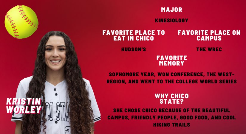 WildcatsGameday's tweet photo. Happy #SeniorSunday Wildcats! This Sunday we are featuring Kristin Worley from softball! 🥎🐾❤️✨ #chicostate #wildcatathletics #chicostatesoftball #gocats https://t.co/0W1wyx94gj