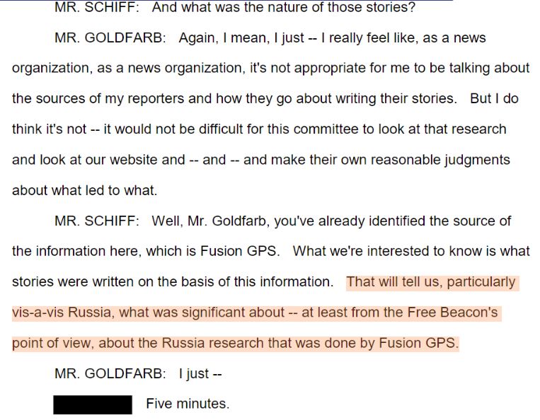 34\\Schiff presses Goldfarb to name some stories -- any story -- that the Beacon published on the basis of Fusion’s Russia research.Goldfarb begins flailing and his attorney is forced to step in and call a timeout.