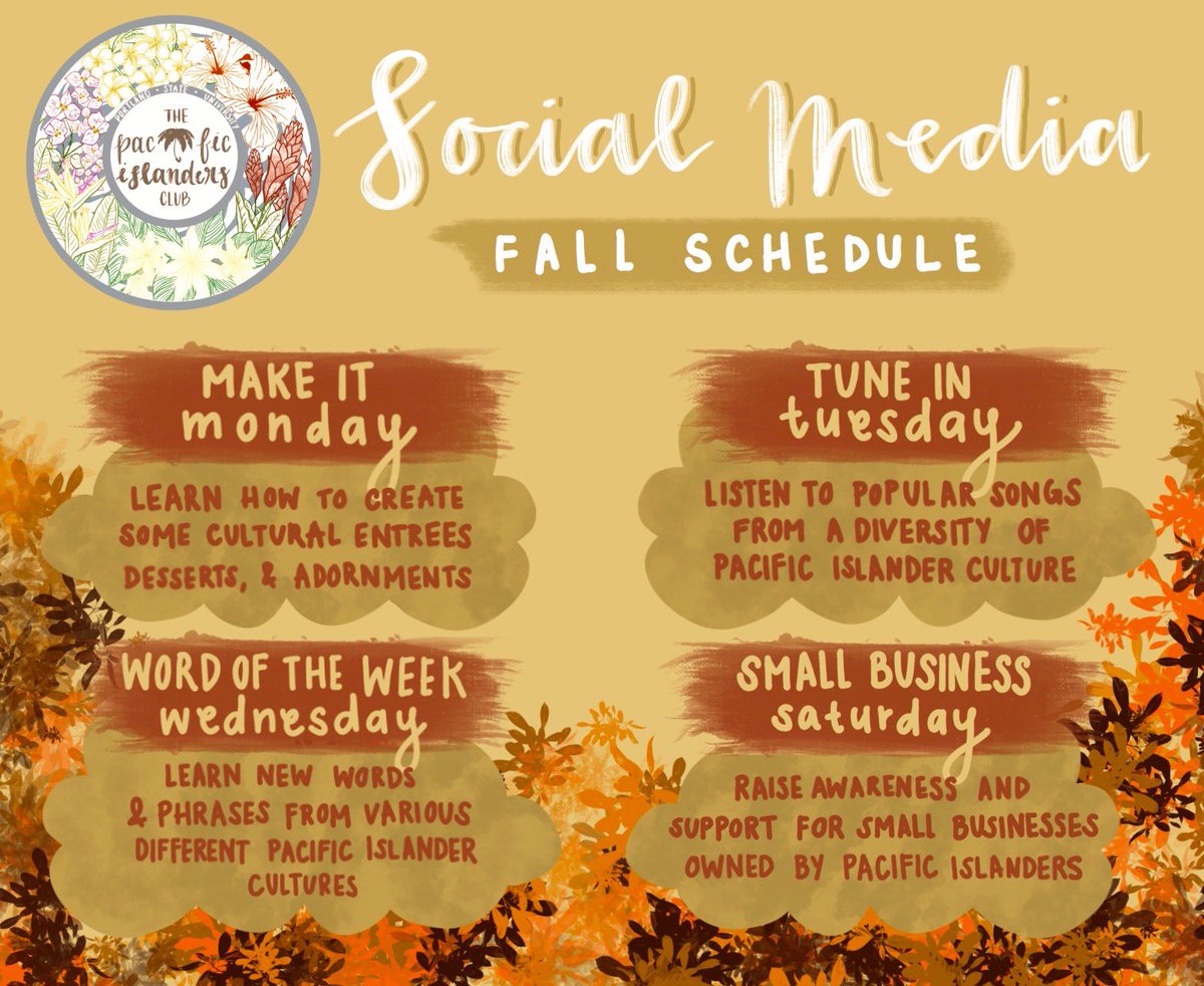 🍂Orange you glad it’s autumn?!🍂

If not, don’t worry pumpkin each week we’ll have a day dedicated towards a special theme! You all will be able to learn about the Pacific Islander cultures in a virtual way! 🌴🎃

🍂Don’t leaf us hanging! Check it out!
