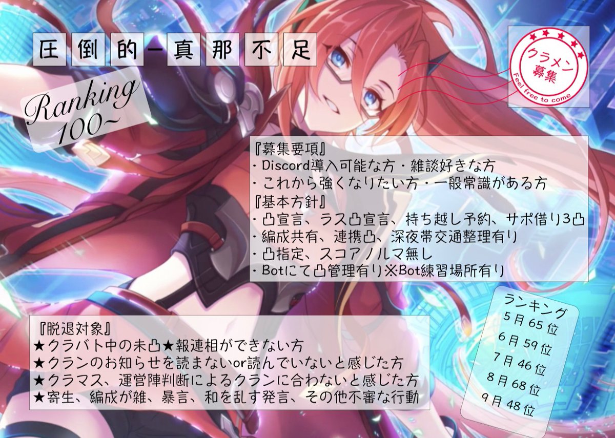 幽々子式 先行募集1 2名 C不要 フル セミオート可 主な活動時間7時 26時 連携有り 同時凸 ダメコン等 へんふしさん多め 重要 交通整理有24時 Bot管理 スプシ担当有り スプシは任意 Dmも解放してます お気軽に プリコネrクラメン募集 幽々子式 先行募集1 2名 C不要 フル セミオート可 主な活動時間7時 26時 連携有り 同時凸 ダメコン等 へんふしさん多め 重要 交通整理有24時 Bot管理 スプシ担当有り スプシは任意 Dmも解放してます お気軽に プリコネrクラメン募集