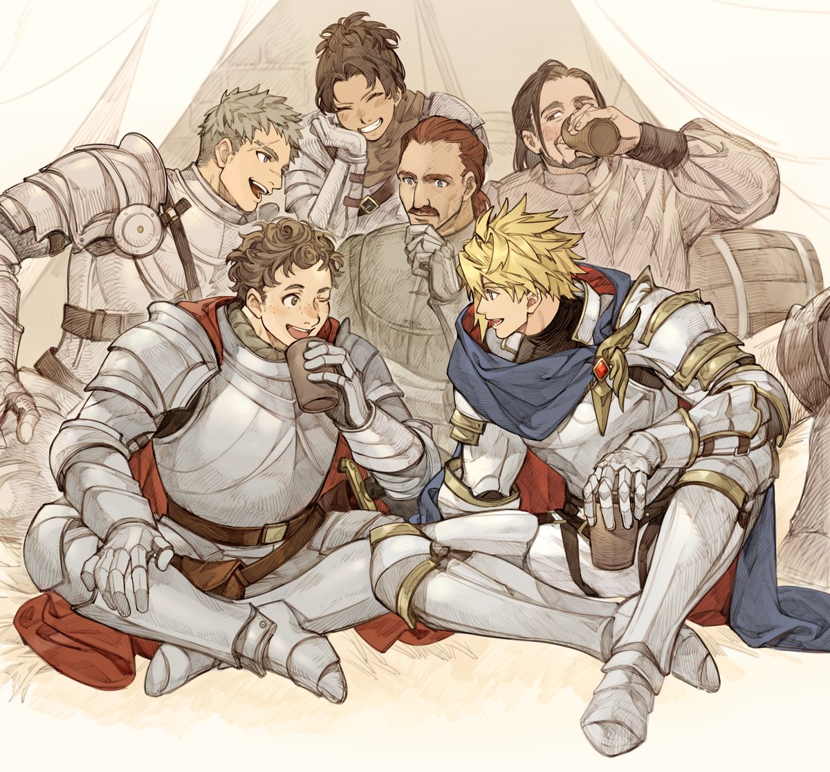 armor multiple boys blonde hair cape brown hair facial hair sitting  illustration images