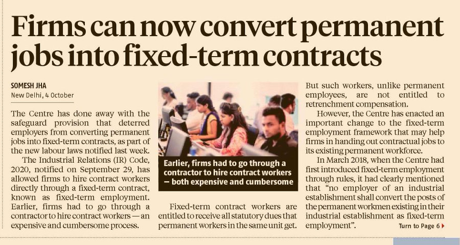 das_seed's tweet image. ❗️Center does away w/ safeguard clause, ensuring employers do not convert existing permanent roles into fixed-term contracts.
❗️No cap on # of times such contracts can be renewed or on term of contract. 

#IndustrialRelationsCode #EmploymentRules.