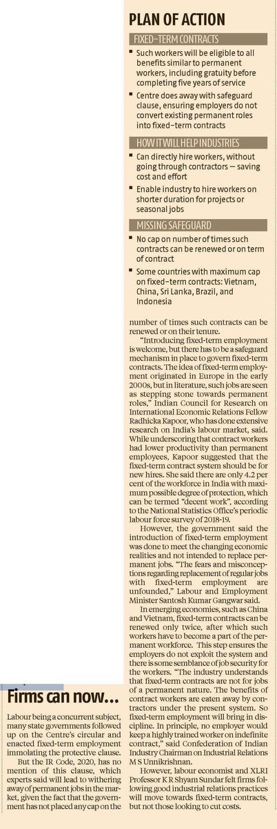 das_seed's tweet image. ❗️Center does away w/ safeguard clause, ensuring employers do not convert existing permanent roles into fixed-term contracts.
❗️No cap on # of times such contracts can be renewed or on term of contract. 

#IndustrialRelationsCode #EmploymentRules.