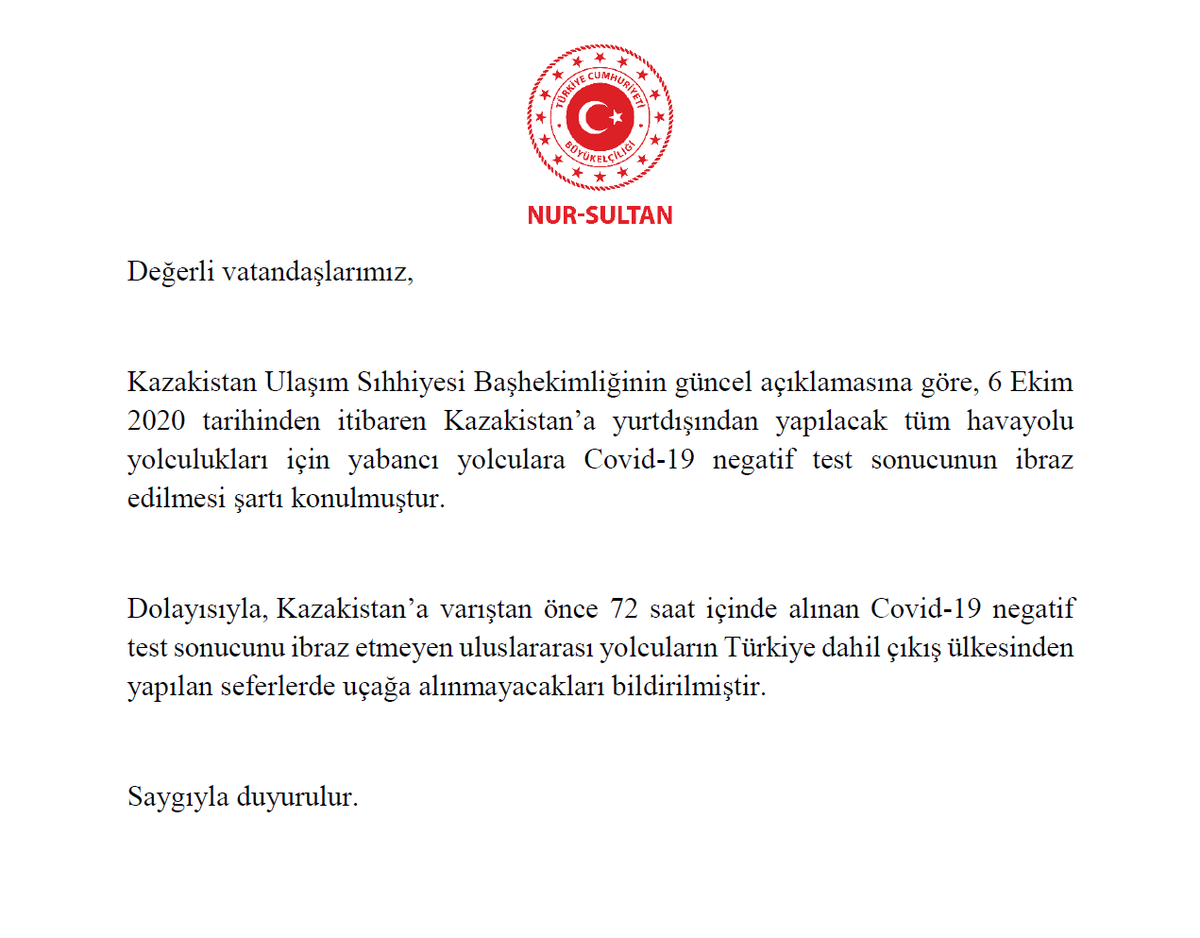 ÖNEMLİ DUYURU! Kazakistan'a havayoluyla gelecek yabancı uyruklu yolcular hakkında alınan karar