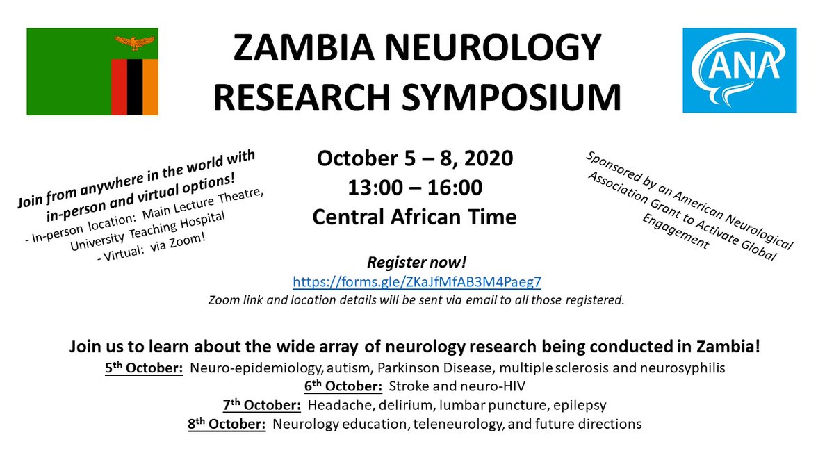 The Zambia Neurology Research Symposium starts today (13:00-16:00 Central African Time)!  It's not too late to join &gt;200 colleagues from 16 countries to hear about the latest work being done in Zambia! Join us this week - no registration required!
Webinar:
jhjhm.zoom.us/j/98027492368