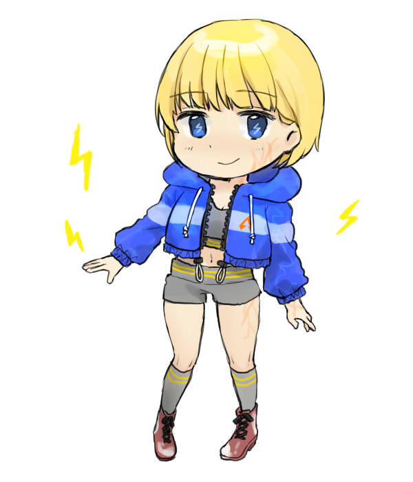 wattson (apex legends) 1girl animification solo grey shorts jacket scar scar on cheek  illustration images