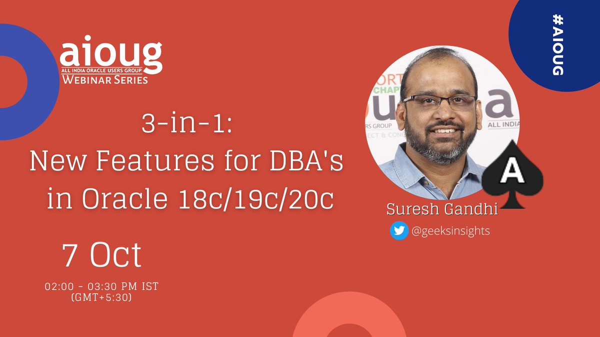 All India Oracle Users Group (AIOUG) (@aioug) on Twitter photo Don't miss registering for an insightful session by Suresh Gandhi <a href="/geeksinsights/">Suresh Gandhi</a> Register soon bit.ly/2RYMGx6
<a href="/Oracle/">Oracle</a> <a href="/OracleDatabase/">Oracle Database</a> <a href="/OracleCloud/">Oracle Cloud</a> <a href="/OracleDevs/">Oracle Developers</a> <a href="/oracleace/">Oracle ACE Program</a> <a href="/Oracle_India/">Oracle India</a> <a href="/groundbreakers/">groundbreakers</a> <a href="/oracleugs/">Oracle User Groups</a> @aioug #oraclecloud #oracleusers #oraclecustomers Don't miss registering for an insightful session by Suresh Gandhi <a href="/geeksinsights/">Suresh Gandhi</a> Register soon bit.ly/2RYMGx6
<a href="/Oracle/">Oracle</a> <a href="/OracleDatabase/">Oracle Database</a> <a href="/OracleCloud/">Oracle Cloud</a> <a href="/OracleDevs/">Oracle Developers</a> <a href="/oracleace/">Oracle ACE Program</a> <a href="/Oracle_India/">Oracle India</a> <a href="/groundbreakers/">groundbreakers</a> <a href="/oracleugs/">Oracle User Groups</a> @aioug #oraclecloud #oracleusers #oraclecustomers
