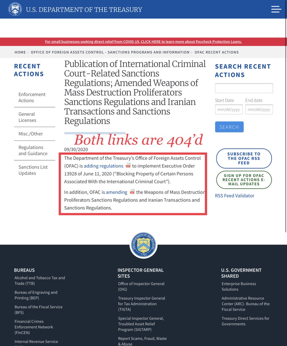 try clicking on the 2 pdfs embeddedPublication of International Criminal Court-Related Sanctions RegulationsAmended Weapons of Mass Destruction Proliferators Sanctions RegulationsIranian Transactions &Sanctions Regulations https://home.treasury.gov/policy-issues/financial-sanctions/recent-actions/20200930_33