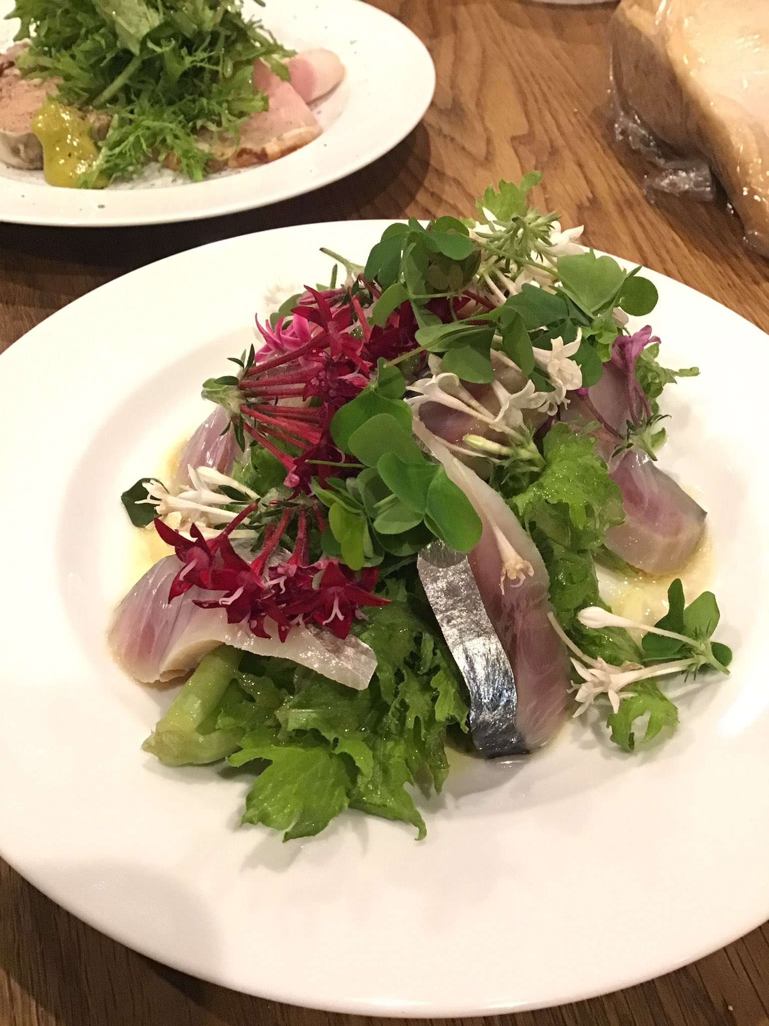 やおら料理店 10月5日月曜日12時より営業致します ランチメニューより〆サバのサラダ らしく無い 笑 わさび菜の姿が 可愛いのでなるべく残すように盛り付けています 盛り盛りムシャムシャ食べて下さいね 池袋やおら料理店 T Co Qhbshei0uu
