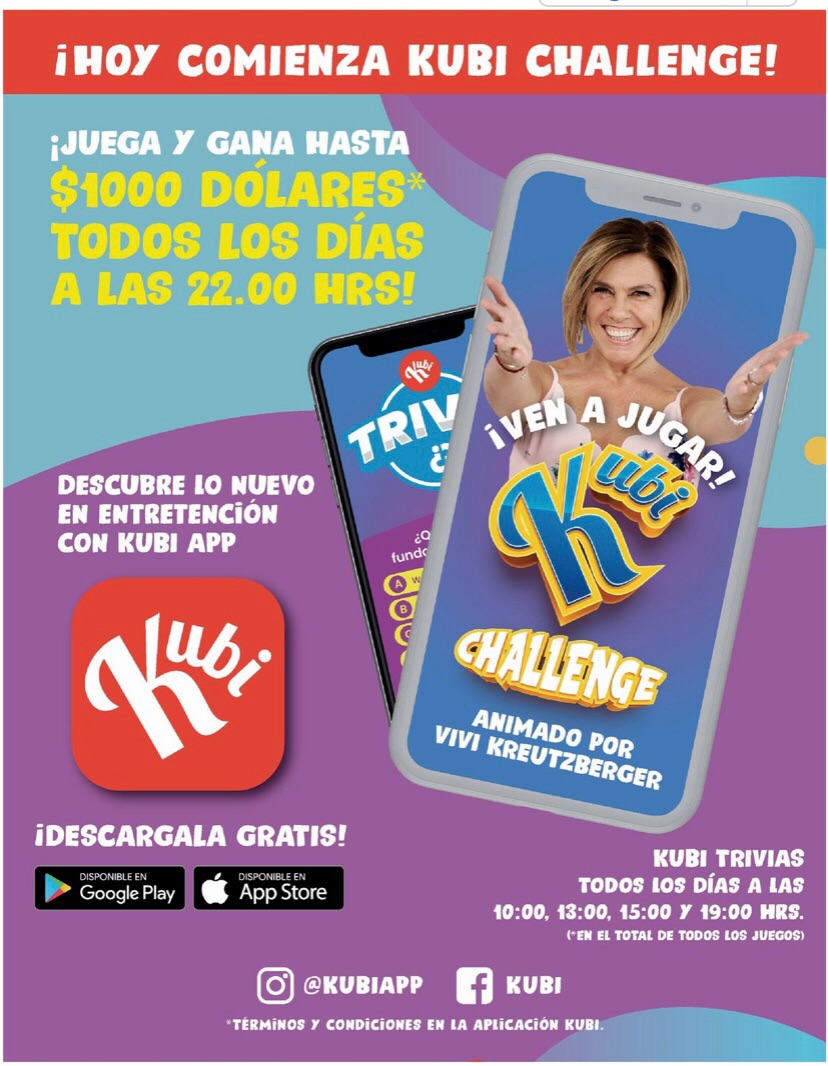 Hoy lunes 5 gran estreno!! Los espero a las 22:00 hrs por KUBI !
Descarga gratuitamente desde Google play o AppStore .
Jugando sencillas trivias te entretendrás y podrás ganar dinero todos los días!!