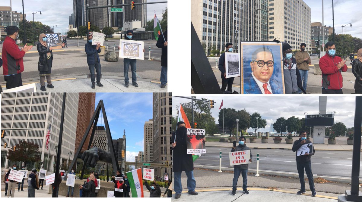 In Detroit,Michigan AANA,AIM,AIC,PASC,IAMC,AFMI,AID protesting in front of The Monument to Joe Louis, known also as'The Fist'  against the gruesome Hathras atrocity.#Hathras ,#HathrasCase , #JusticeForHathrasVictim