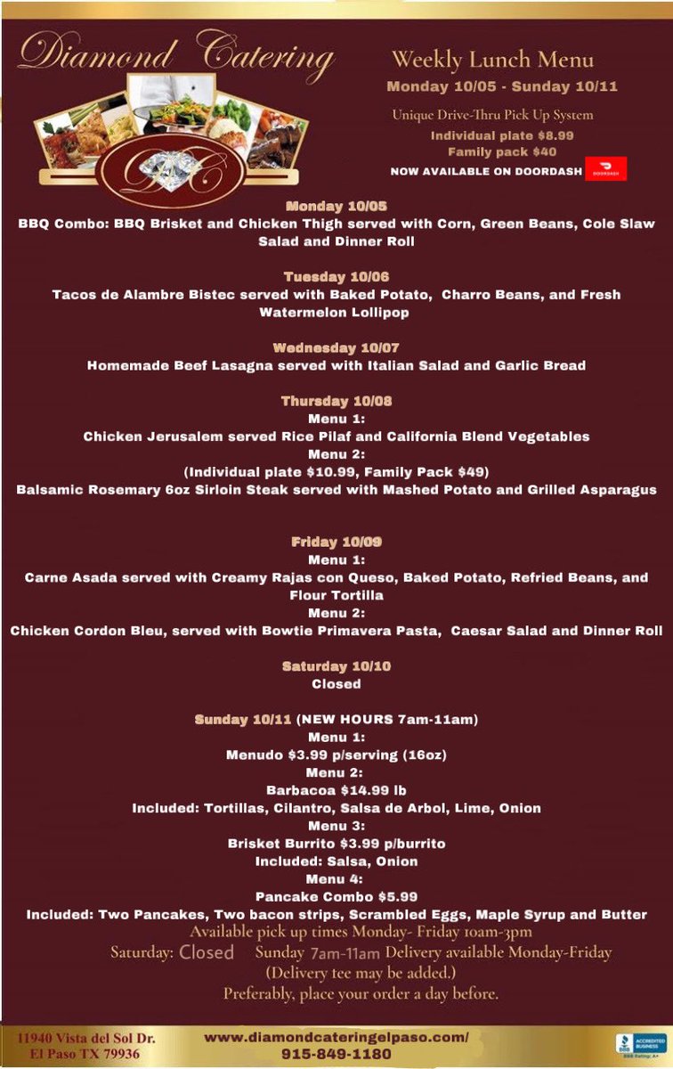 Lunch menu starting Monday October 5th is out! 
Pick up times:
Monday through Friday: 10 am-3pm Sunday breakfast: 7 am-11 am 
Call our office to place your order or order through DoorDash!