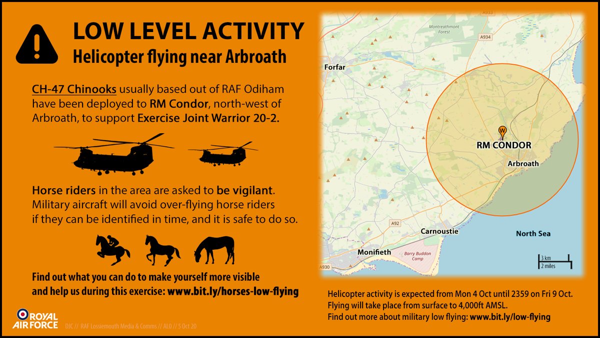 RAF Lossiemouth (@raflossiemouth) on Twitter photo Are you in the #Arbroath area?
This week CH-47 Chinooks from <a href="/RAF_Odiham/">RAF Odiham</a> are operating out of RM Condor from surface to 4,000ft AMSL as part of Ex #JointWarrior.
If you're a horse rider in the area, find out what you can do ensure you are visible: bit.ly/horses-low-fly… Are you in the #Arbroath area?
This week CH-47 Chinooks from <a href="/RAF_Odiham/">RAF Odiham</a> are operating out of RM Condor from surface to 4,000ft AMSL as part of Ex #JointWarrior.
If you're a horse rider in the area, find out what you can do ensure you are visible: bit.ly/horses-low-fly…