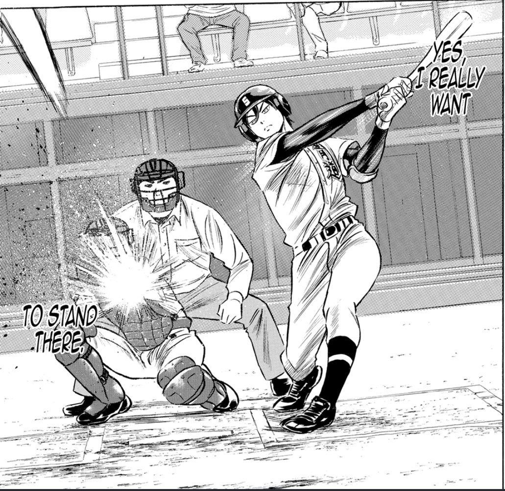 full disclosure ik in the anime it was obv directed to ouno but without the 2nd pic coming into view while i was reading i honestly thought the 1st pic was what furuya thought abt eijun getting to pitch while he couldn't and there's a lot to unpack there i think