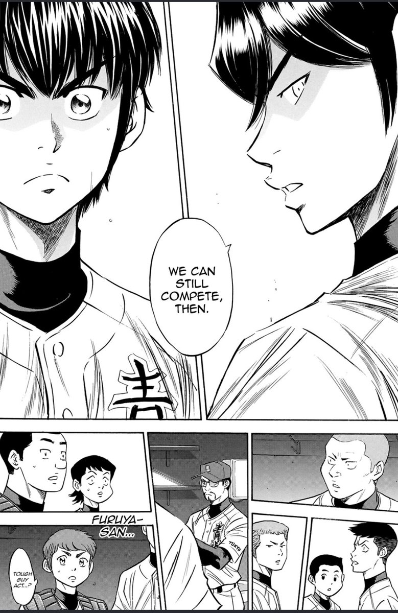furuya comes off kinda proud here but then yui saying "tough guy act?" makes me realize ah furuya must be kind of? happy? that eijun wasn't satisfied yet bcs he still wants his rival around + he genuinely thinks eijun did well today he just has conflicting feelings rn to say it