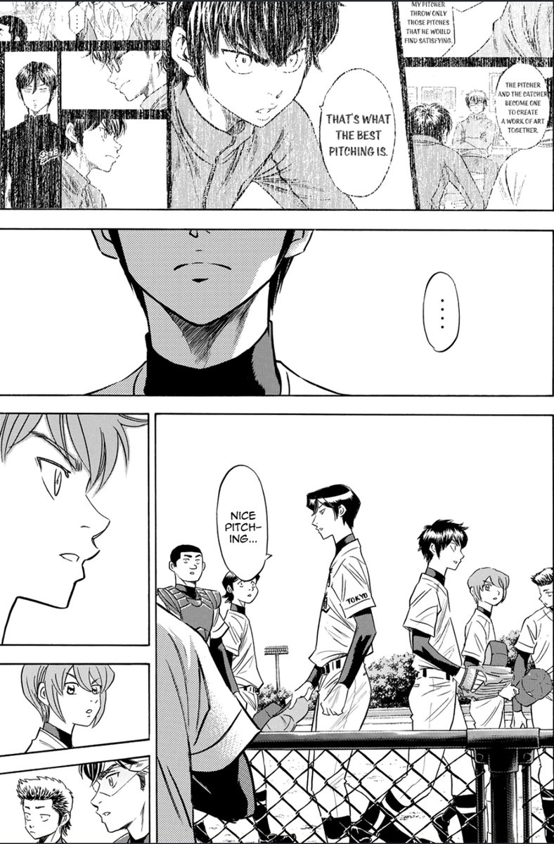 furuya comes off kinda proud here but then yui saying "tough guy act?" makes me realize ah furuya must be kind of? happy? that eijun wasn't satisfied yet bcs he still wants his rival around + he genuinely thinks eijun did well today he just has conflicting feelings rn to say it