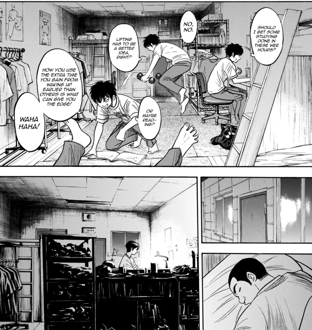 how many more parallels of furusawa can i make a big deal of? we got eijun waking up when furuya still hasn't slept. eijun happy while furuya down. furuya and eijun inspired by each other. FURUYA BEING ONLY PITCHING OUTSIDE TO REGAIN CONTROL VS EIJUN DOING IT YO COUNTER YIPS IM