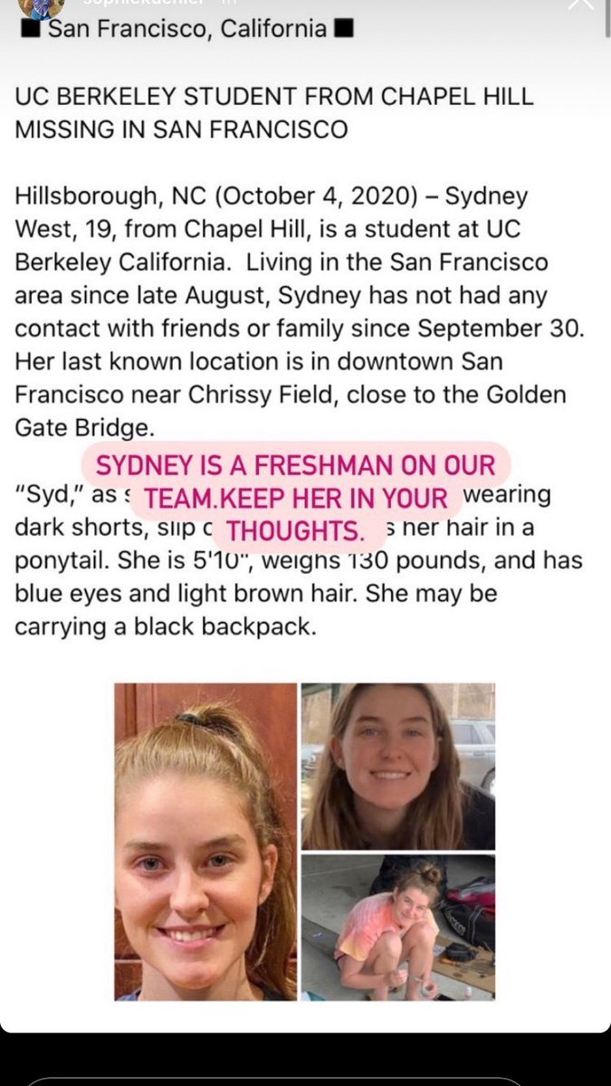 MISSING UC BERKELEY STUDENT. Last seen near Chrissy Field. Please retweet and keep looking out. Be safe, everyone!