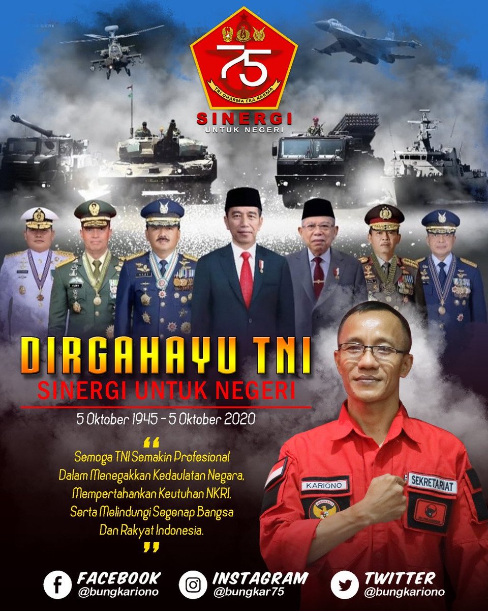 Dirgahayu TNI ke-75, "Sinergi Untuk Negeri". Semoga TNI Semakin Profesional Dalam Menegakkan Kedaulatan Negara, Mempertahankan Keutuhan NKRI, Serta Melindungi Segenap Bangsa Dan Rakyat Indonesia.
Merdeka...!
.
#DirgahayuTNI
#SinergiUntukNegeri