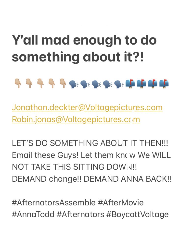 AllenKuristien's tweet photo. YALL MAD ENOUGH?! LETS CHANGE IT!! 👏🏼👏🏼🗣📫 DEMAND @annatodd back!!! @aftermovie #WeWantAnnaBack #AfternatorsAssemble #NoAnnaNoFans #LetsSaveTheAfterSeries https://t.co/zmv24oOtPx