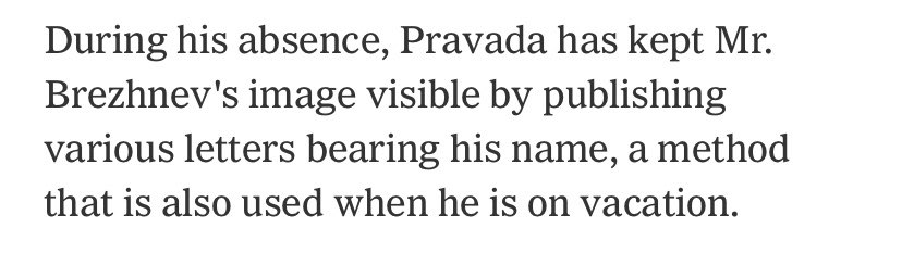 By 1982 he was hardly seen at all. With so little information, every appearance, every statement, every change to the Communist Party leadership ranks was scrutinized and pored over and analyzed to death. The party continued to insist he was fine, just fine!