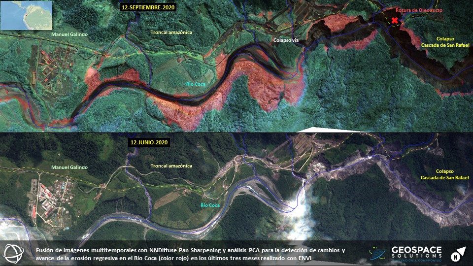 GeoSpaceSol's tweet photo. Fusión de imágenes multitemporales con NNDiffuse Pan Sharpening y PCA para la detección de cambios y avance de la #erosiónregresiva en el #RíoCoca - Ecuador (color rojo) en los últimos tres meses realizado con #ENVI
#ENVIanalytics #SatelliteImagery #remotesensing https://t.co/sKYeqto5G2