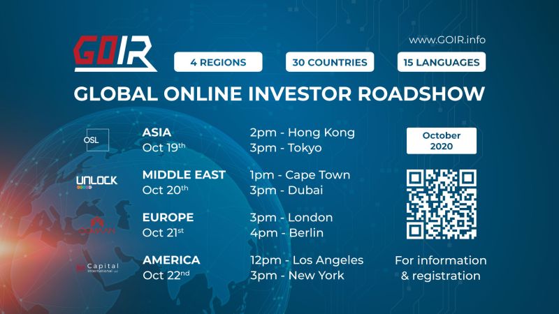 Join us at the Global Online Investor Roadshow, from October 19th-22nd, 2020. We are excited to be back! Learn more: goir.info Register now at: lnkd.in/e72C4at
