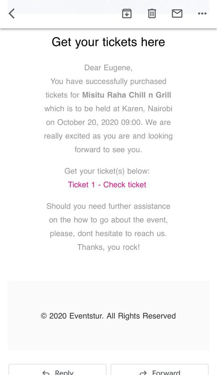 You will then immediately receive a confirmation mail with your ticket and an SMS to your phone number from  @eventstur confirming your purchase. Like the way my ninja  @the_enigma_gene just got his! And just wait to have fun in the wild on Mashujaa Day.  #MisituRahaChillNGrill