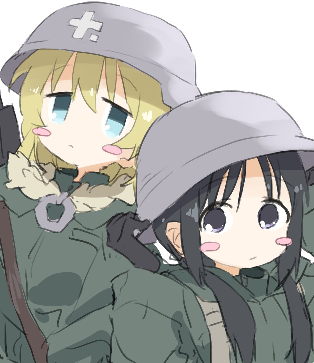 multiple girls 2girls blonde hair helmet black hair blue eyes military helmet  illustration images