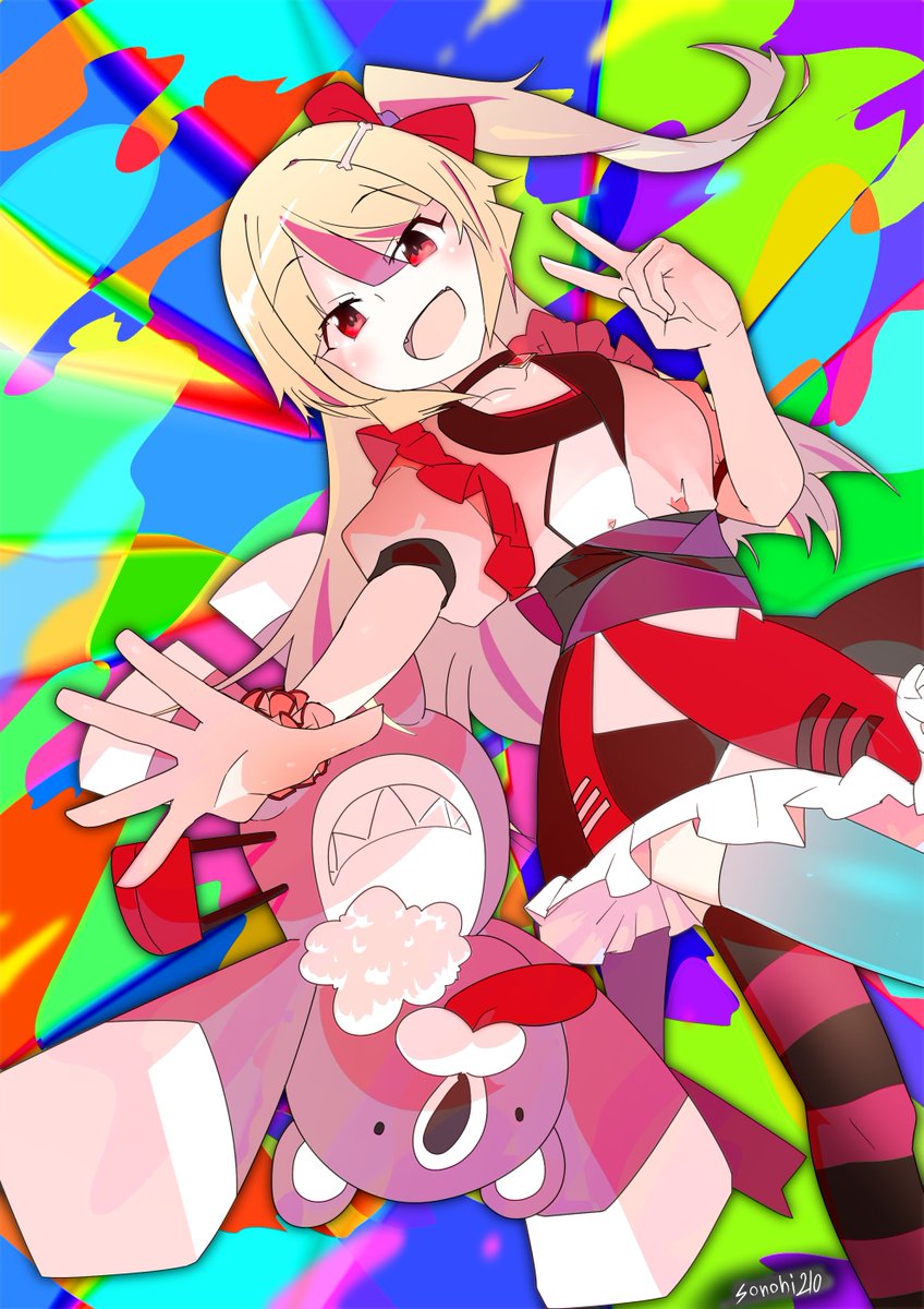 1girl blonde hair long hair streaked hair multicolored background thighhighs one side up  illustration images