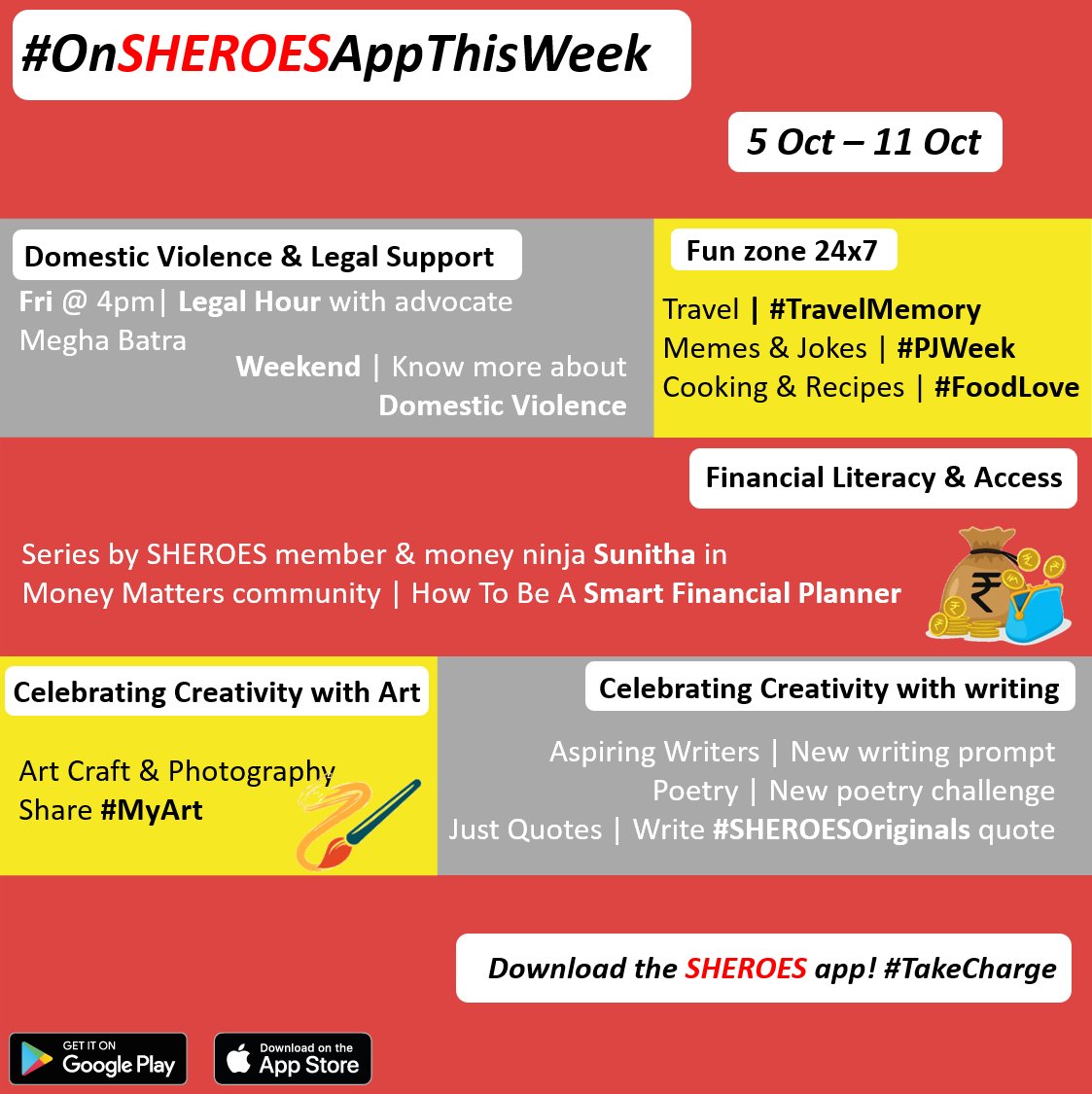 sheroes's tweet photo. #OnSHEROESAppThisWeek #MondayMotivaton
We always have a good mix of careers, counselling, commerce and creative activities brewing on SHEROES.
Download the SHEROES app ladies and have your pick: https://t.co/BBAH5cBEJf https://t.co/owwnxgEfbH