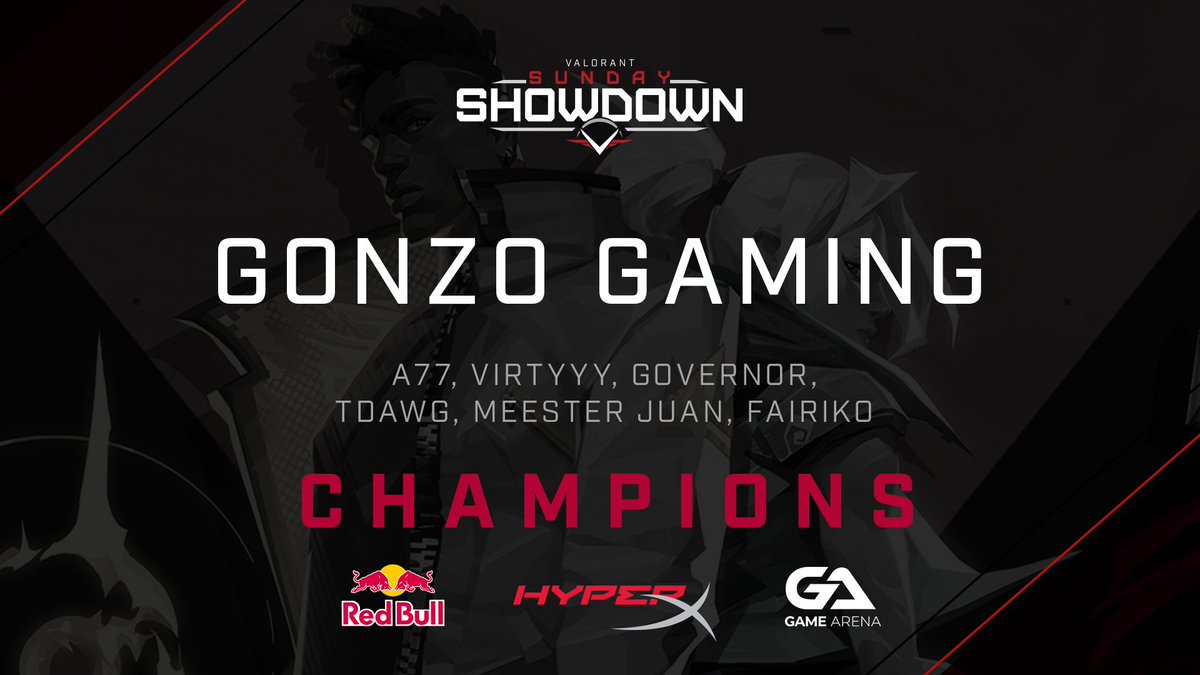 🏆 We have your Valorant Sunday Showdown #24 winners! 🏆 

<a href="/GonzoGaming/">Gonzo Gaming</a> have defeated <a href="/flowstateval/">flow state</a> in game 3 of Grand Finals!

🥇 <a href="/RealFairiko/">Fairiko</a> (HyperX MVP)
🥇 <a href="/Virtyyyy/">LOUD Virtyy</a> 
🥇 @A77_tv
🥇 <a href="/Governor_Val/">Governor</a>
🥇 @regan_travis 
🥇 Meester Juan
