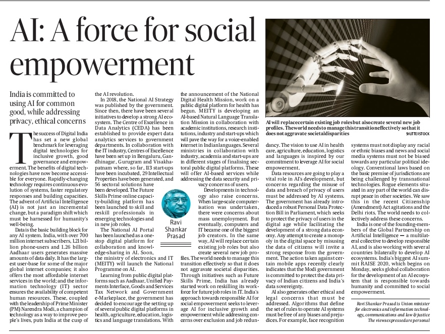 Ravi Shankar Prasad (@rsprasad) on Twitter photo Sharing my article in today's <a href="/htTweets/">Hindustan Times</a> on how India is committed to use Artificial Intelligence for common good, while addressing privacy & ethical concerns of users.
India’s biggest AI summit #RAISE2020 will develop an AI ecosystem for social empowerment
hindustantimes.com/analysis/ai-a-… Sharing my article in today's <a href="/htTweets/">Hindustan Times</a> on how India is committed to use Artificial Intelligence for common good, while addressing privacy & ethical concerns of users.
India’s biggest AI summit #RAISE2020 will develop an AI ecosystem for social empowerment
hindustantimes.com/analysis/ai-a-…