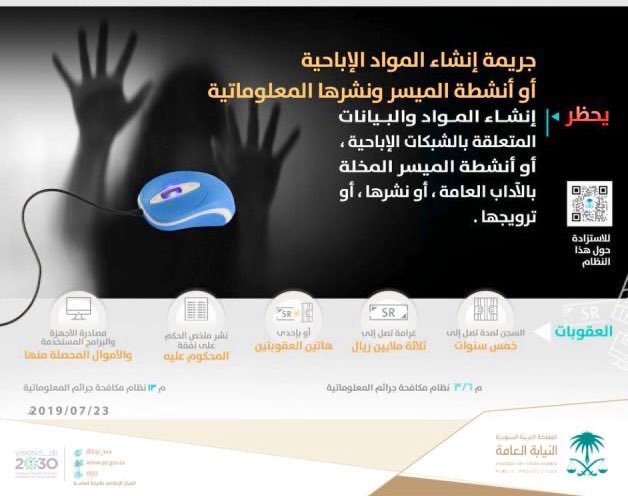 🛑تنصّ المادة السادسة 
من نظام مكافحة الجرائم المعلوماتية 
على عقوبة السجن 
مدة لا تزيد عن خمس سنوات
وبغرامة لا تزيد عن ثلاثة ملايين ريال 
أو بإحدى هاتين العقوبتين
لعدد من الجرائم تشمل:
إنتاج ما من شأنه المساس بالنظام العام 
أو القيم الدينية أو الآداب العامة 
أو حرمة الحياةالخاصة