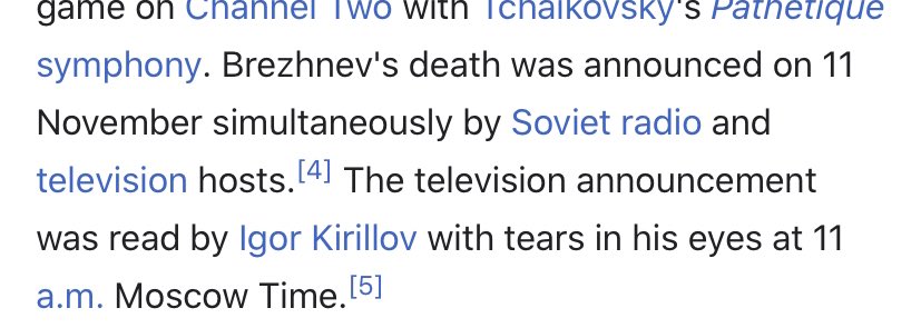 Back to Brezhnev’s death. 24 hours between when he died 1982/11/10 and its official “acknowledgement”. A cascading set of programming changes was so stressful that people when things would return to normal. An anchor cried on air.